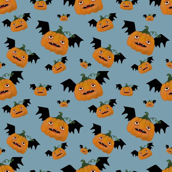 Kawaii Cute Cartoon Halloween Pumpkins Seamless Autumn Harvest Pattern Wrapping — стоковое фото