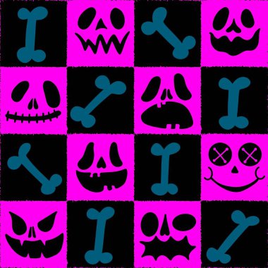 Güz hasadı olmayan çizgi film, kağıt, giysi baskısı, kumaş, çocuk aksesuarları, not defterleri ve mutfak tekstili için ürkütücü balkabağı desenleriyle karşı karşıya. Yüksek kaliteli illüstrasyon