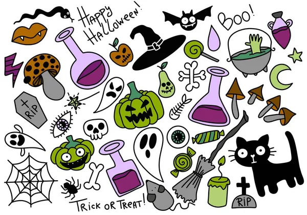 Halloween set doodle cartoon for stickers and fabrics and kids and accessories and notebooks and hobbies and decorations. High quality illustration