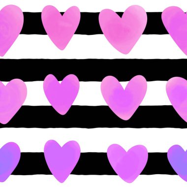 Suluboya sevgililer günü kartı kalpler, kağıt sarmak için kusursuz yatay çizgiler ve çocuk giysileri, kumaşlar, aksesuarlar, çarşaflar ve tekstil. Yüksek kaliteli illüstrasyon