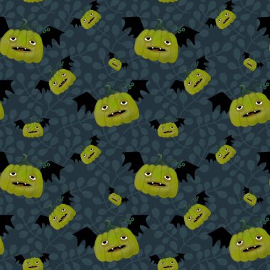 Kawaii cute cartoon Halloween pumpkins seamless autumn harvest pattern for wrapping paper and fabrics and packaging and textiles and kids clothes print and accessories. High quality illustration