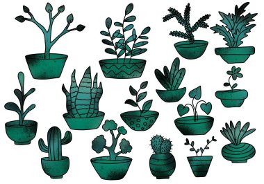 Paket kağıdı, çıkartma, defter, çocuk aksesuarları, kumaşlar ve dükkanlar için çiçek, yaprak ve tencere koyun. Yüksek kaliteli illüstrasyon