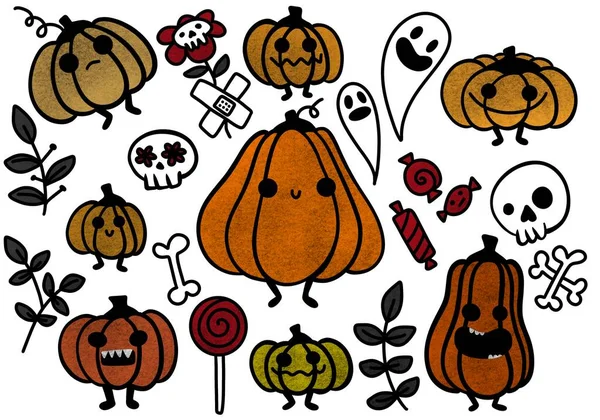Autumn doodle Halloween set with cartoon pumpkins and skulls and ghost for stickers and wrapping paper and fabrics and accessories and notebooks and hobbies. High quality illustration