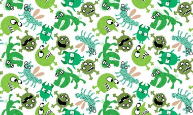 Canavarlar, çizgi film karakterleri. Kâğıt, kıyafet baskısı, çocuk aksesuarları, kumaşlar, çarşaflar, tekstil ve notlar için kusursuz cadılar bayramı karalaması desenleri. Yüksek kaliteli illüstrasyon