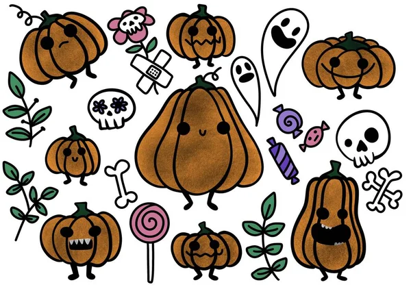 Autumn doodle Halloween set with cartoon pumpkins and skulls and ghost for stickers and wrapping paper and fabrics and accessories and notebooks and hobbies. High quality illustration