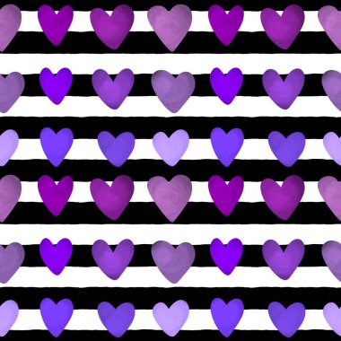 Suluboya sevgililer günü kartı kalpler, kağıt sarmak için kusursuz yatay çizgiler ve çocuk giysileri, kumaşlar, aksesuarlar, çarşaflar ve tekstil. Yüksek kaliteli illüstrasyon