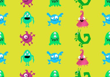 Canavarlar, çizgi film karakterleri. Kâğıt, kıyafet baskısı, çocuk aksesuarları, kumaşlar, çarşaflar, tekstil ve notlar için kusursuz cadılar bayramı karalaması desenleri. Yüksek kaliteli illüstrasyon