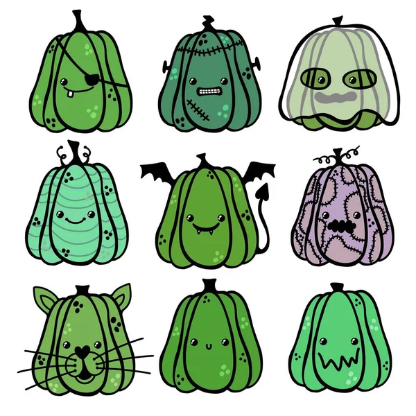 Definir Halloween Desenhos Animados Monstros Kawaii Abóboras Para Adesivos Tecidos — Fotografia de Stock