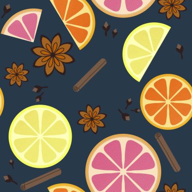 Kışın sıcak şarap malzemesi ambalajsız karalama limon deseni ambalaj kağıdı, giysi baskısı, kumaş, mutfak tekstili, menü ve ambalaj için. Yüksek kaliteli illüstrasyon