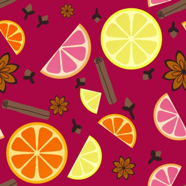 Kışın sıcak şarap malzemesi ambalajsız karalama limon deseni ambalaj kağıdı, giysi baskısı, kumaş, mutfak tekstili, menü ve ambalaj için. Yüksek kaliteli illüstrasyon