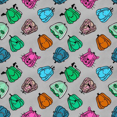 Çocuk aksesuarları, kıyafet baskıları, ambalaj kağıtları, kumaşlar, ambalajlar, tekstil ve çarşaflar için Cadılar Bayramı karnavalı karikatürleri. Yüksek kaliteli illüstrasyon