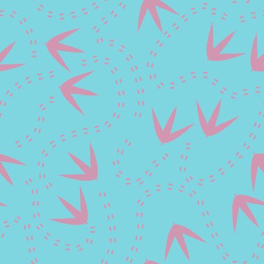 Dinozor ayak izleri kağıdını sarmak için kusursuz kuş çizimleri ve çocuk giysileri baskısı, kumaşlar, çarşaflar, aksesuarlar ve ambalajlar. Yüksek kaliteli illüstrasyon