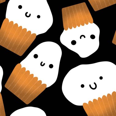 Karikatür cadılar bayramı pastası kusursuz kawaii deseni. Çocuk giysileri, kumaşlar, ambalajlar, çarşaflar ve aksesuarlar. Yüksek kaliteli illüstrasyon