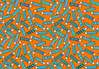 Çizgi film okulu, çocuk kıyafetleri, giysi baskıları, kumaşlar, çarşaflar ve aksesuarlar için kalemsiz çalışma düzenini süslüyor. Yüksek kaliteli illüstrasyon