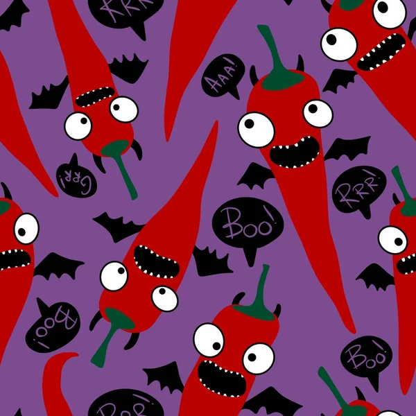 Cartoon vegetable seamless vampire Halloween red hot pepper pattern for wrapping paper and clothes print and kids accessories and fabrics and linens. High quality illustration