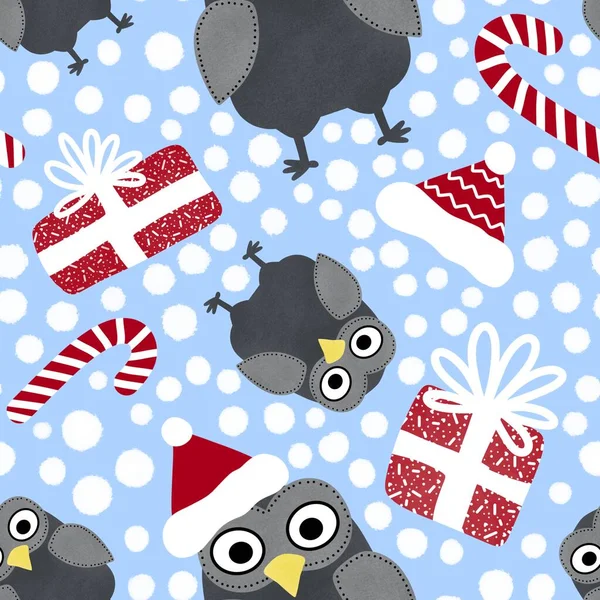 Cartoon owl seamless Christmas gifts box and candy and Santa hat pattern for wrapping paper and clothes print and kids accessories and fabrics and linens. High quality illustration
