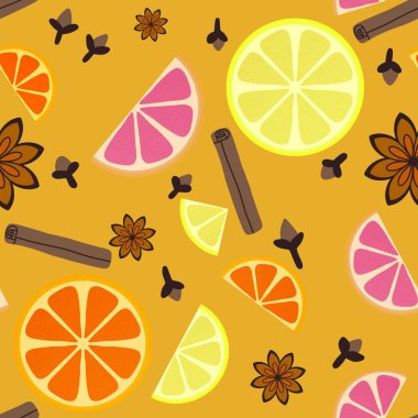 Kışın sıcak şarap malzemesi ambalajsız karalama limon deseni ambalaj kağıdı, giysi baskısı, kumaş, mutfak tekstili, menü ve ambalaj için. Yüksek kaliteli illüstrasyon