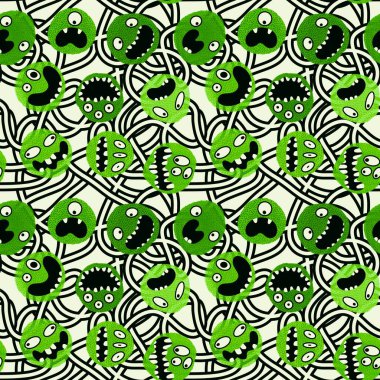 Canavarlar, çizgi film karakterleri. Kâğıt, kıyafet baskısı, çocuk aksesuarları, kumaşlar, çarşaflar, tekstil ve notlar için kusursuz cadılar bayramı karalaması desenleri. Yüksek kaliteli illüstrasyon