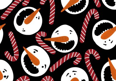 Noel ambalajı için kışın dikişsiz kardan adam ve kar taneleri deseni ve çocukların not defterleri, aksesuarları ve kumaşları. Yüksek kaliteli illüstrasyon