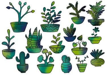 Paket kağıdı, çıkartma, defter, çocuk aksesuarları, kumaşlar ve dükkanlar için çiçek, yaprak ve tencere koyun. Yüksek kaliteli illüstrasyon