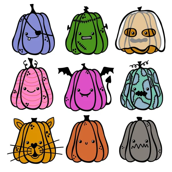 Set Halloween Kreslené Příšery Kawaii Dýně Pro Samolepky Tkaniny Balení — Stock fotografie