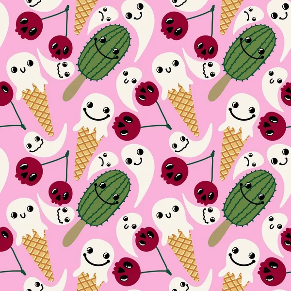 Halloween Cartoon Doodle Seamless Ghost Ice Cream Cactus Skulls Cherry — Stock Photo, Image