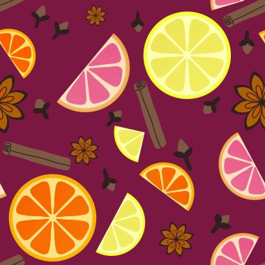 Kışın sıcak şarap malzemesi ambalajsız karalama limon deseni ambalaj kağıdı, giysi baskısı, kumaş, mutfak tekstili, menü ve ambalaj için. Yüksek kaliteli illüstrasyon