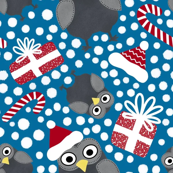 Cartoon owl seamless Christmas gifts box and candy and Santa hat pattern for wrapping paper and clothes print and kids accessories and fabrics and linens. High quality illustration