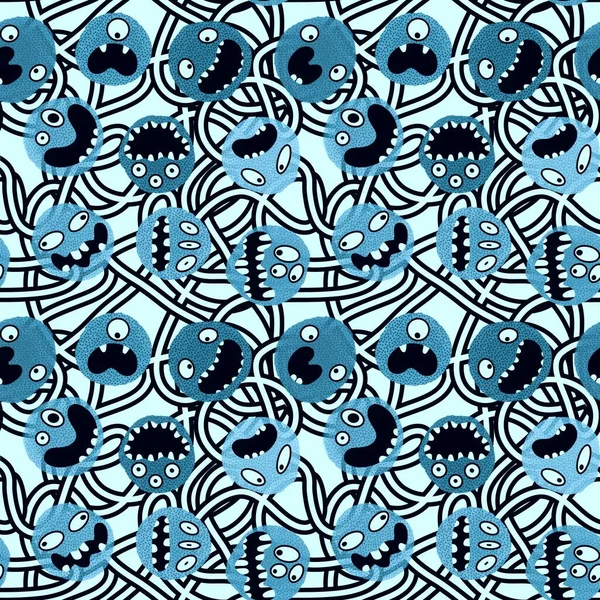 Canavarlar, çizgi film karakterleri. Kâğıt, kıyafet baskısı, çocuk aksesuarları, kumaşlar, çarşaflar, tekstil ve notlar için kusursuz cadılar bayramı karalaması desenleri. Yüksek kaliteli illüstrasyon