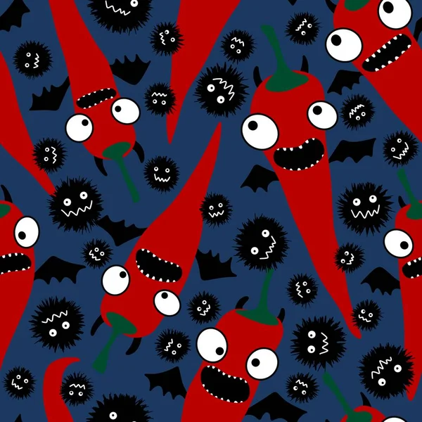 Cartoon vegetable seamless vampire Halloween red hot pepper pattern for wrapping paper and clothes print and kids accessories and fabrics and linens. High quality illustration