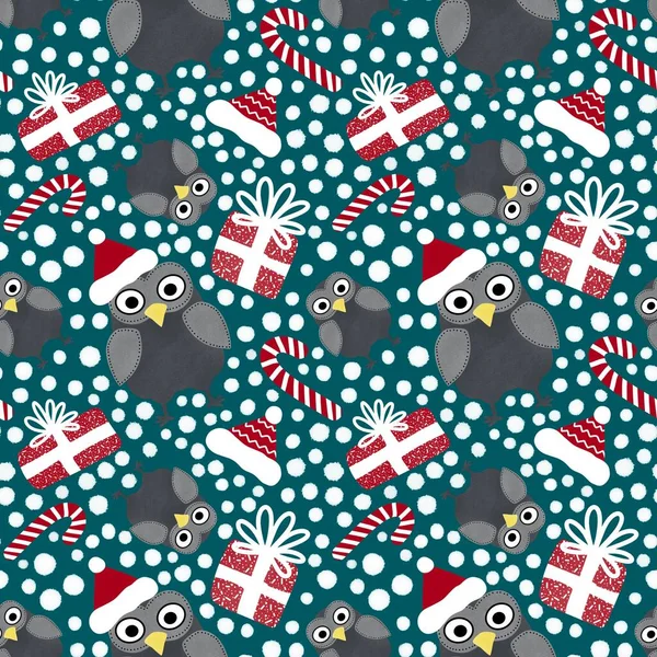 Cartoon owl seamless Christmas gifts box and candy and Santa hat pattern for wrapping paper and clothes print and kids accessories and fabrics and linens. High quality illustration