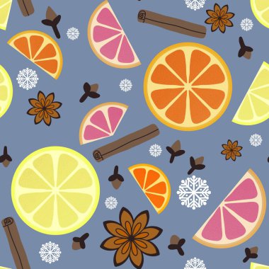 Kışın sıcak şarap malzemesi ambalajsız karalama limon deseni ambalaj kağıdı, giysi baskısı, kumaş, mutfak tekstili, menü ve ambalaj için. Yüksek kaliteli illüstrasyon