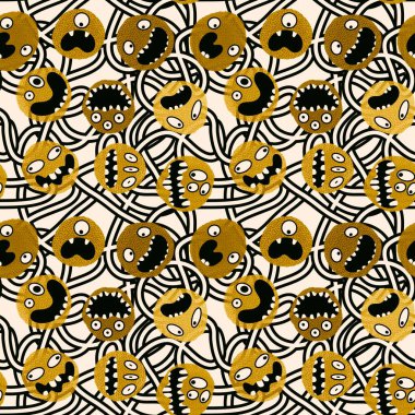 Canavarlar, çizgi film karakterleri. Kâğıt, kıyafet baskısı, çocuk aksesuarları, kumaşlar, çarşaflar, tekstil ve notlar için kusursuz cadılar bayramı karalaması desenleri. Yüksek kaliteli illüstrasyon