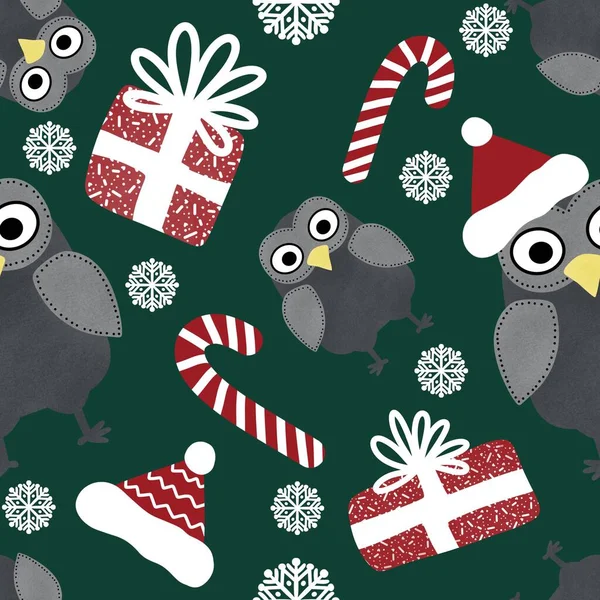 Cartoon owl seamless Christmas gifts box and candy and Santa hat pattern for wrapping paper and clothes print and kids accessories and fabrics and linens. High quality illustration