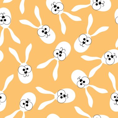 Paskalya yumurtaları, karikatür tavşan kulakları desenli ambalaj kağıdı, kıyafet baskısı, çocuklar, kumaşlar ve ambalajlar için. Yüksek kaliteli illüstrasyon