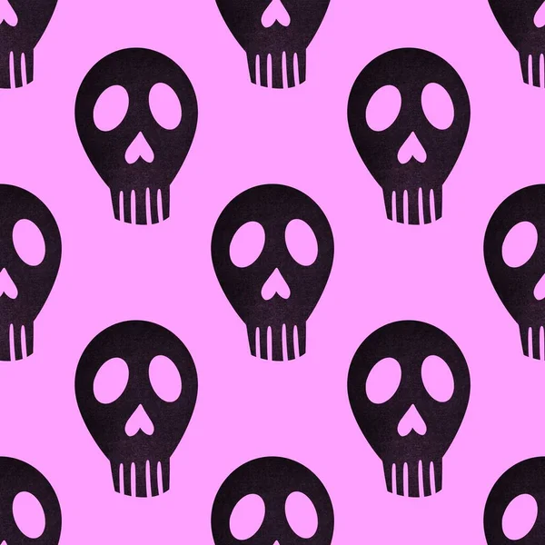 Halloween Skulls Seamless Cartoon Flower Doodle Pattern Wrapping Paper Clothes — Stock Photo, Image