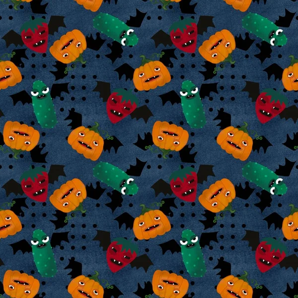 Fruit and vegetable cartoon toys seamless Halloween pattern with pumpkins and strawberry and cucumber for wrapping paper and fabrics and kids clothes print and packaging. High quality illustration