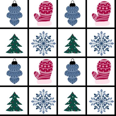 Noel süsleri, Noel aksesuarları, çocuk giysileri, kumaşlar ve çarşaflar için kış şablonu. Yüksek kaliteli illüstrasyon