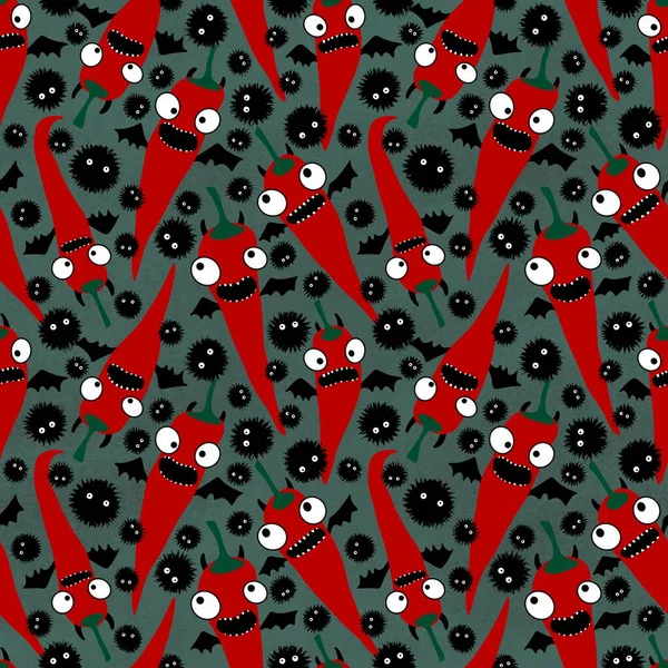 Cartoon vegetable seamless vampire Halloween red hot pepper pattern for wrapping paper and clothes print and kids accessories and fabrics and linens. High quality illustration