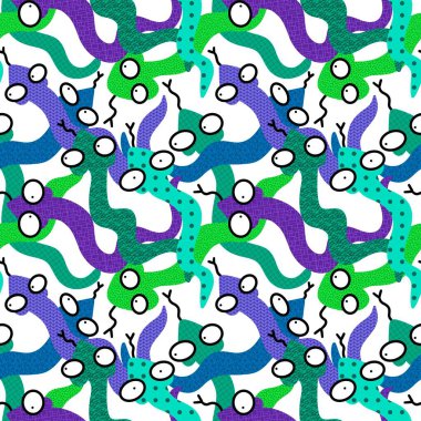 Çizgi filmlerdeki hayvanlar kumaşlar, ambalaj kağıtları, çarşaflar çocuk giysileri, aksesuarlar ve kreşler için kusursuz yılan desenleri. Yüksek kaliteli illüstrasyon