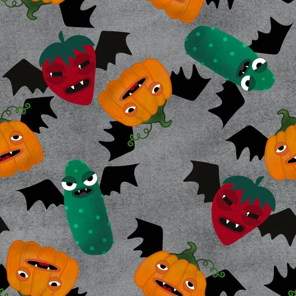 Frutas Vegetais Desenhos Animados Brinquedos Sem Costura Padrão Halloween Com — Fotografia de Stock
