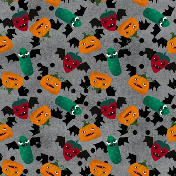 Fruit and vegetable cartoon toys seamless Halloween pattern with pumpkins and strawberry and cucumber for wrapping paper and fabrics and kids clothes print and packaging. High quality illustration
