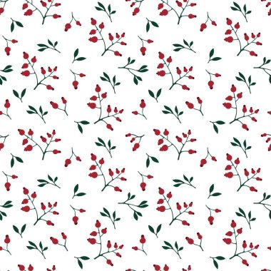 Noel ambalaj kağıdı, mayo baskısı, çocuk kıyafetleri, mutfak tekstili ve hediye kutusu için kışın süssüz Noel meyveleri ve yaprakları. Yüksek kaliteli illüstrasyon