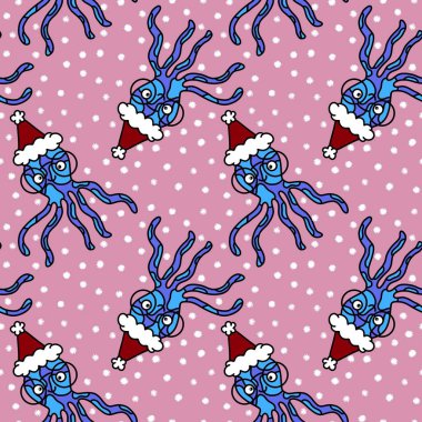 Noel ambalajları, kumaşlar, çarşaflar, ambalajlar ve çocuk giysileri baskısı için Noel karikatürsüz ahtapot Noel deseni. Yüksek kaliteli illüstrasyon