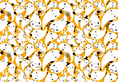 Cadılar Bayramı hayaletleri, ambalajsız karikatür desenleri, çocuk giysileri, kumaşlar, çarşaflar, ambalajlar ve aksesuarlar. Yüksek kaliteli illüstrasyon