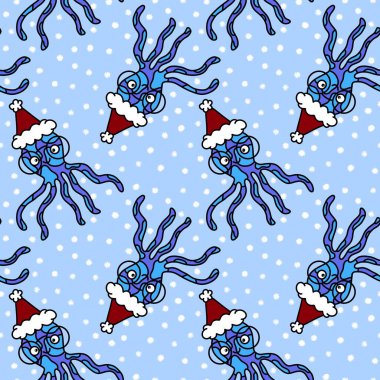 Noel ambalajları, kumaşlar, çarşaflar, ambalajlar ve çocuk giysileri baskısı için Noel karikatürsüz ahtapot Noel deseni. Yüksek kaliteli illüstrasyon