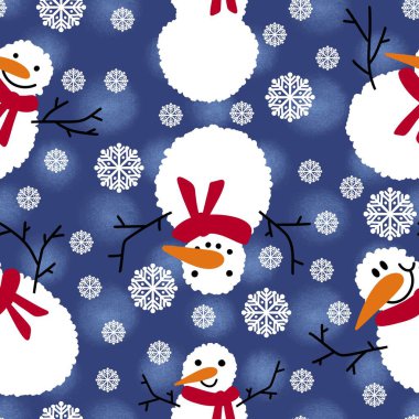 Noel ambalajı için kışın dikişsiz kardan adam ve kar taneleri deseni ve çocukların not defterleri, aksesuarları ve kumaşları. Yüksek kaliteli illüstrasyon