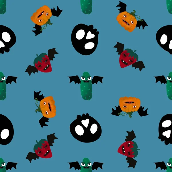 Fruit and vegetable cartoon toys seamless Halloween pattern with pumpkins and strawberry and cucumber for wrapping paper and fabrics and kids clothes print and packaging. High quality illustration