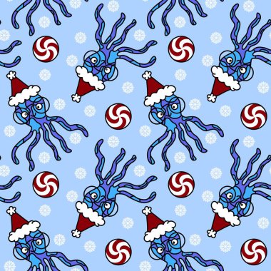 Noel ambalajları, kumaşlar, çarşaflar, ambalajlar ve çocuk giysileri baskısı için Noel karikatürsüz ahtapot Noel deseni. Yüksek kaliteli illüstrasyon