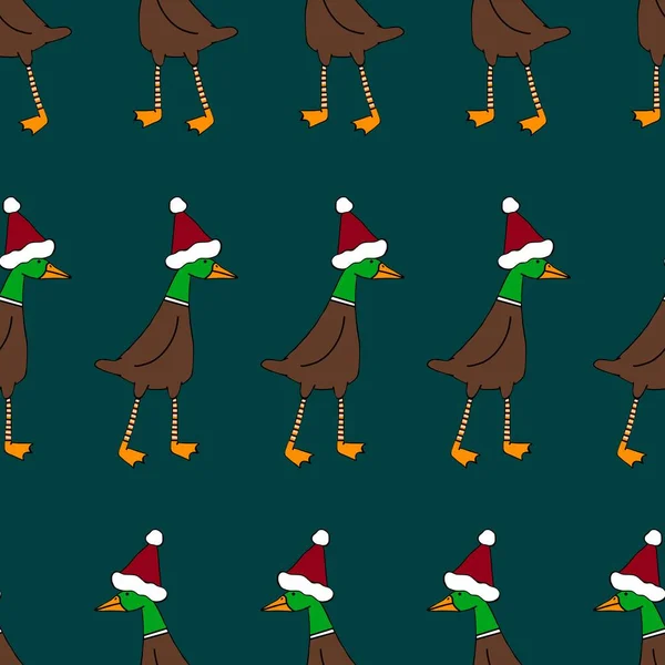 Winter festive cartoon seamless goose and Santa hat Christmas pattern for wrapping paper and Noel accessories and fabrics and linens and packaging and kids clothes print. High quality illustration